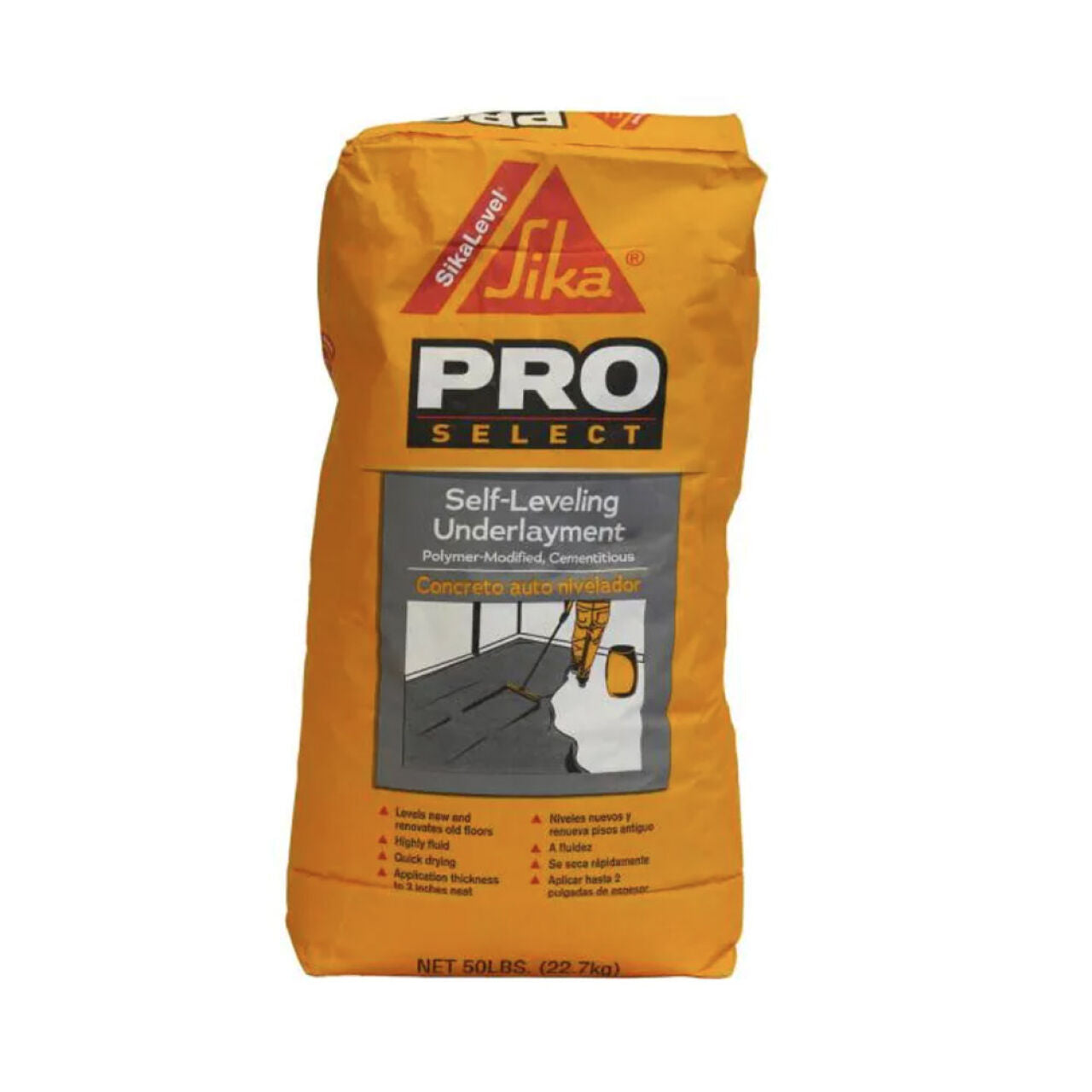 A 50 lb. bag of Go Build, The Fastest Way To Build Self-Leveling Underlayment, a polymer-modified, rapid-drying cementitious floor leveling product, with product info and graphics displayed on the front.